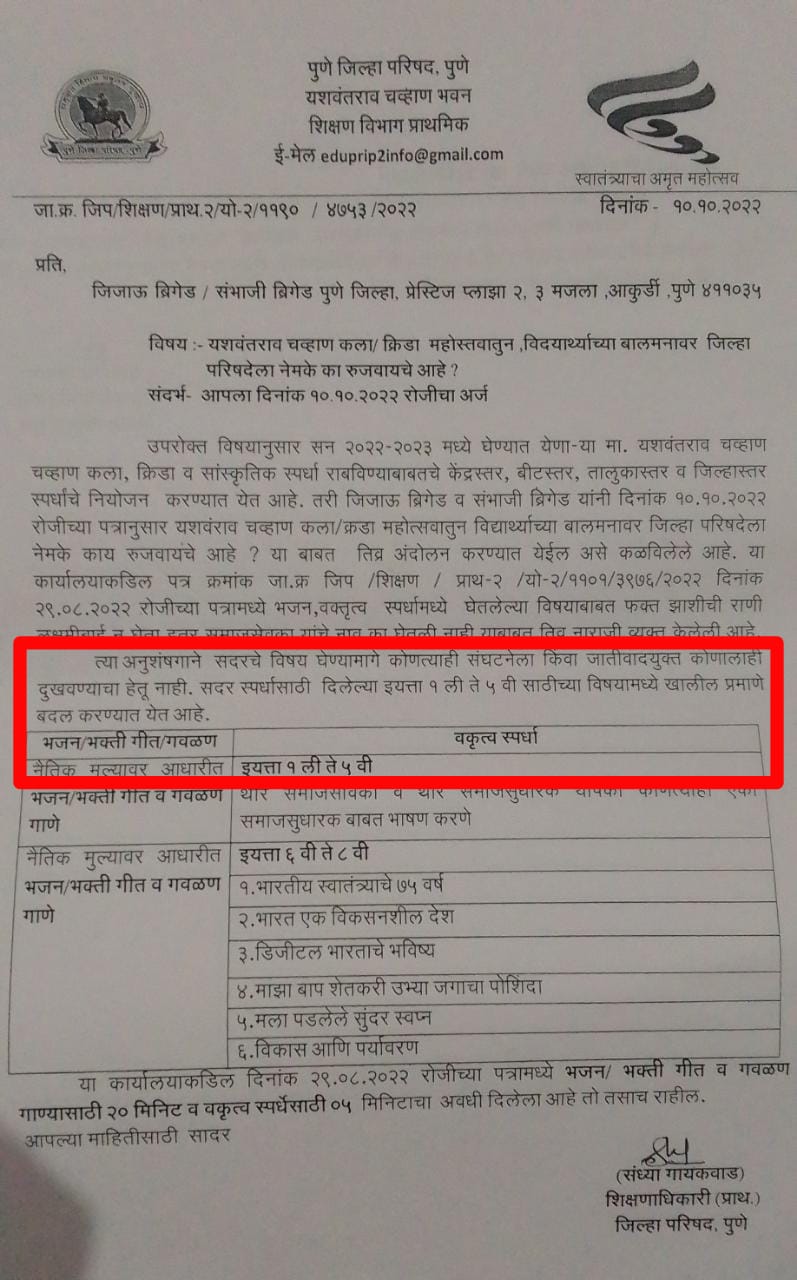 “जिजाऊ ब्रिगेडचा” दणका !!!!              पुणे जिल्हा शिक्षणाधिकार्यांनी व्यक्त केली दिलगिरी ; तात्काळ केले स्पर्धेच्या विषयांमध्ये बदल